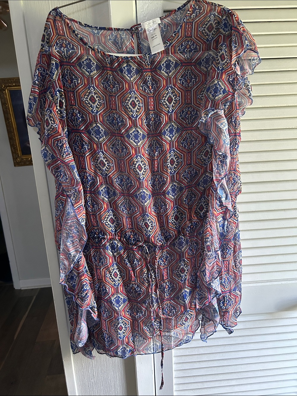 Sheer Boho Swimsuit Cover- UpTunic with Geometric Print - Red, Blue, White